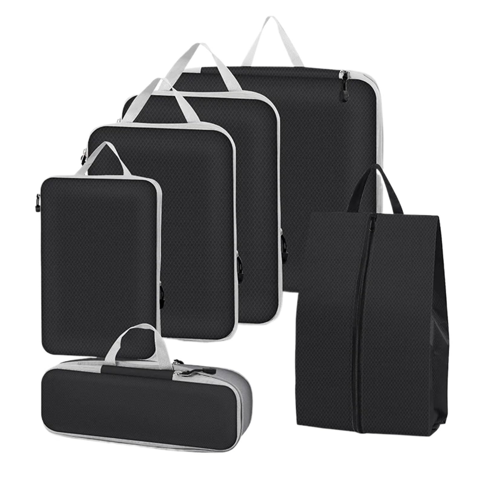 BHOUTY 6PCS Compressed Packing Cubes Travel Storage Organizer Set With Shoe Bag Mesh Visual Luggage Portable Lightweight Suitcase(Black)