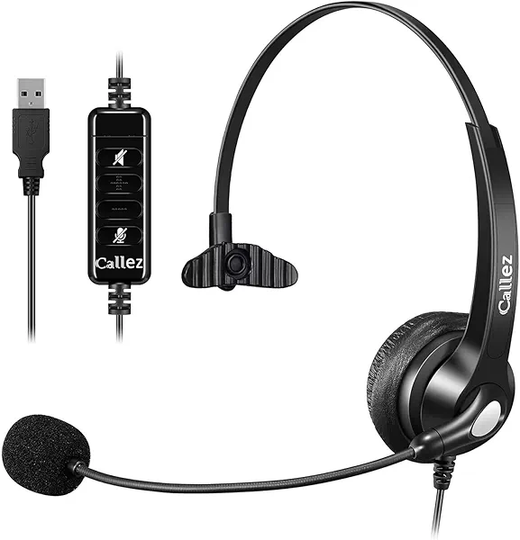 USB Headset with Microphone Noise Cancelling & Audio Controls, Wideband Computer Headphones for Business UC Skype Lync Softphone Call Center Office, Clearer Voice, Super Light, Ultra Comfort