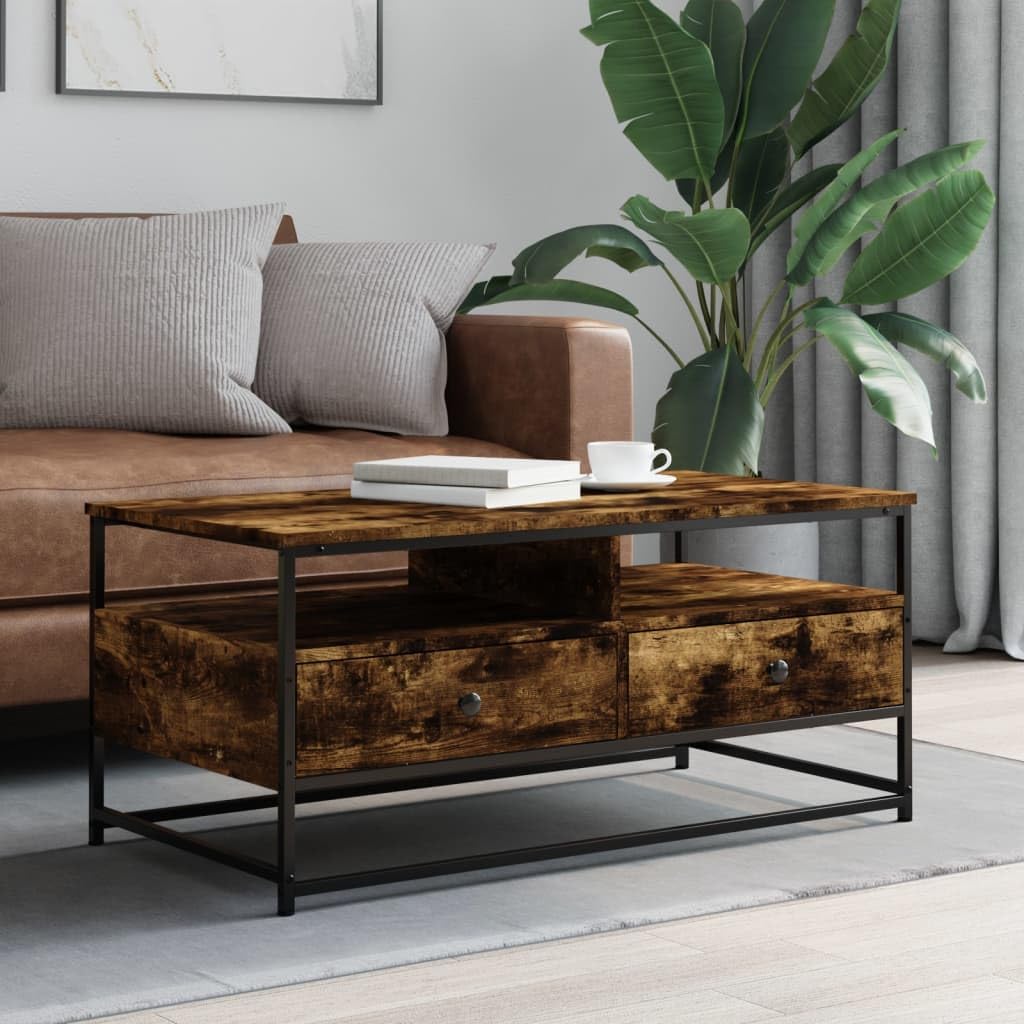 Tavolino da salotto in legno di rovere affumicato, con struttura in metallo, 100 x 51 x 45 cm, tavolino con cassetto e ripiano per soggiorno, ufficio, salone, salvaspazio, vintage, scandinavo