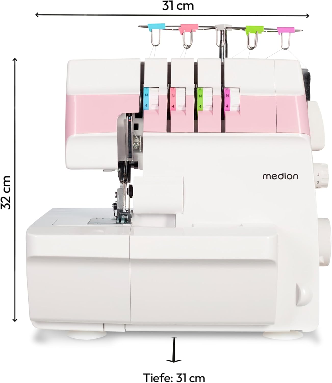 Side view of the MEDION SO90 Overlock Sewing Machine with dimensions.