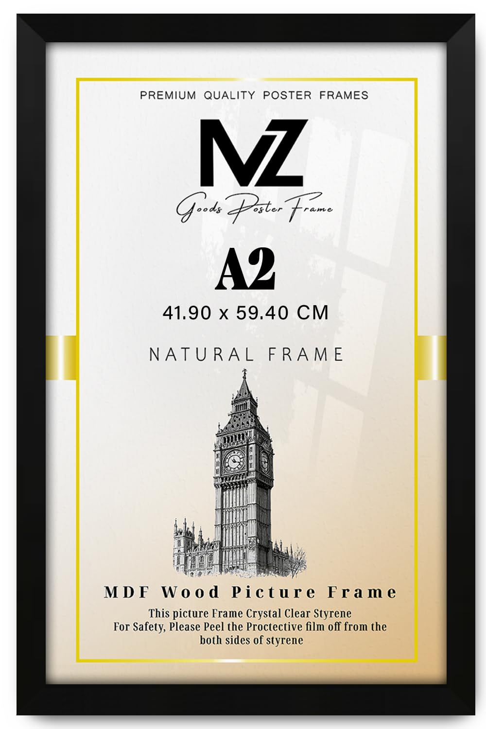 MZ GOODS Elegant MDF Poster Frame A2 (23x16 inch) – Flat Engineered Wood, 2mm UV-Resistant Perspex, Sawtooth & Solid Back Clip, Premium Plain Texture, Lightweight – Matt Black