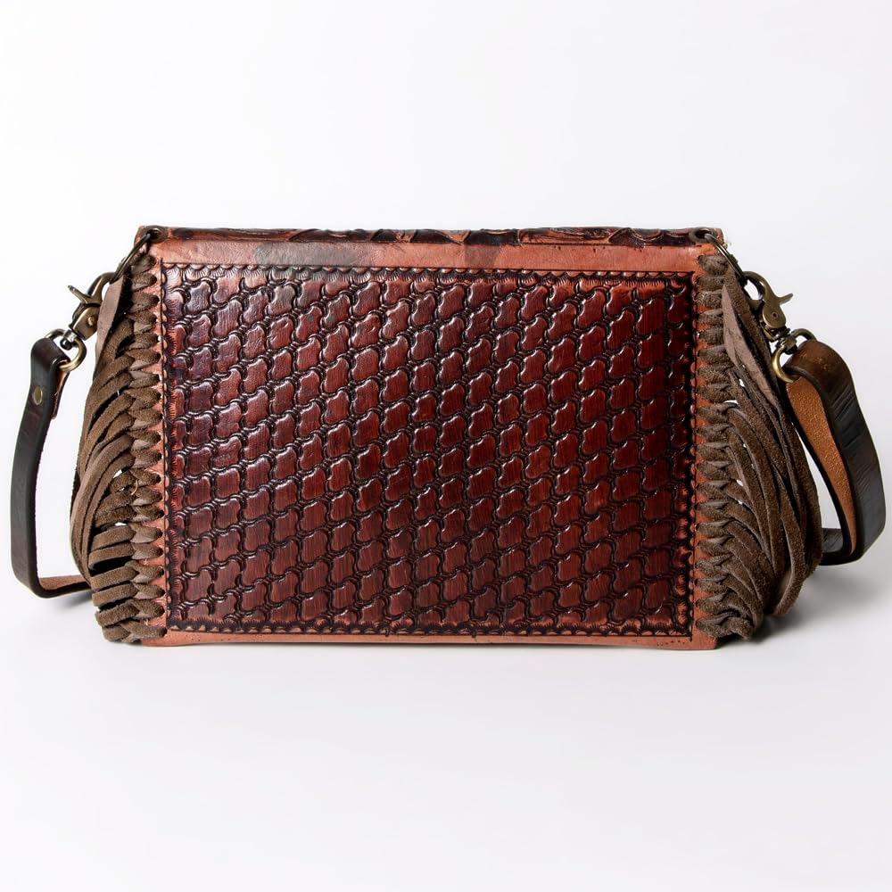 American Darling Envelope Bag Handcrafted from Hand Tooled Floral Leather with Braided Edges, Fringes, and YKK Zipper