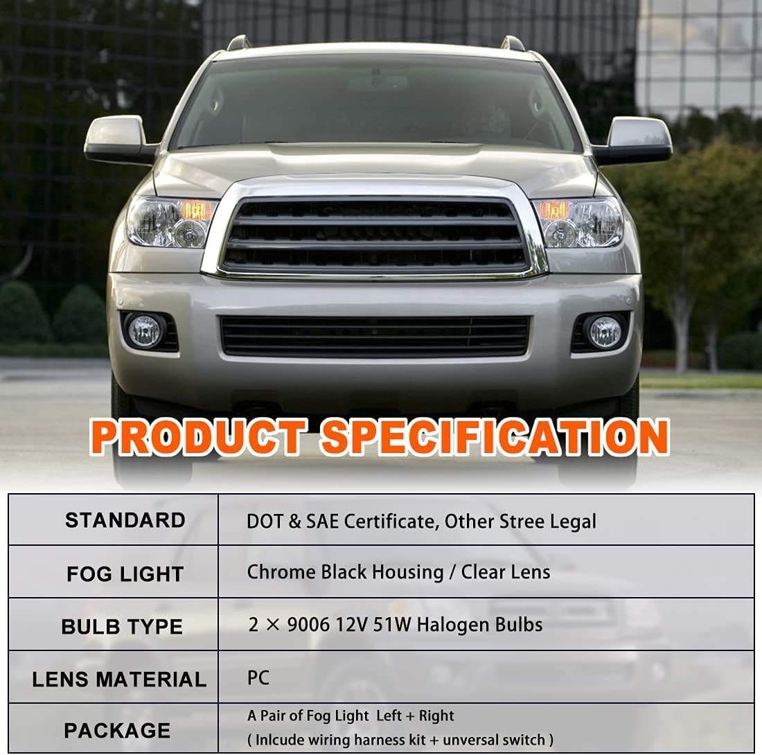 ROXX Fog Lights Sets For 2001-2007 Toyota Sequoia/2000-2006 Toyota Tundra(Not Fit Steel Front Bumper Models) Fog Light Assembly OE Style Bulb 9006 12V51W + Wiring Harness Kit + Switch(Clean lens)