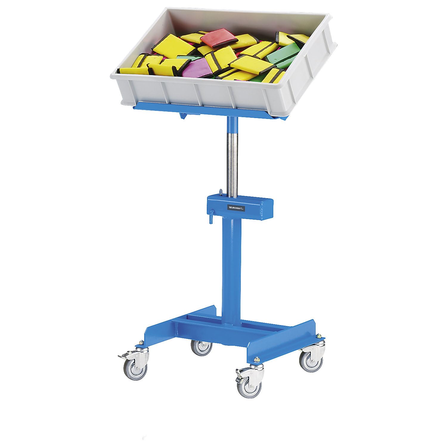 eurokraft | Materialständer | Tragfähigkeit 150 kg | fahrbar | Höhenverstellung ohne Last mit pneumatischer Fallbremse | Höhenverstellbereich 720-1070 mm