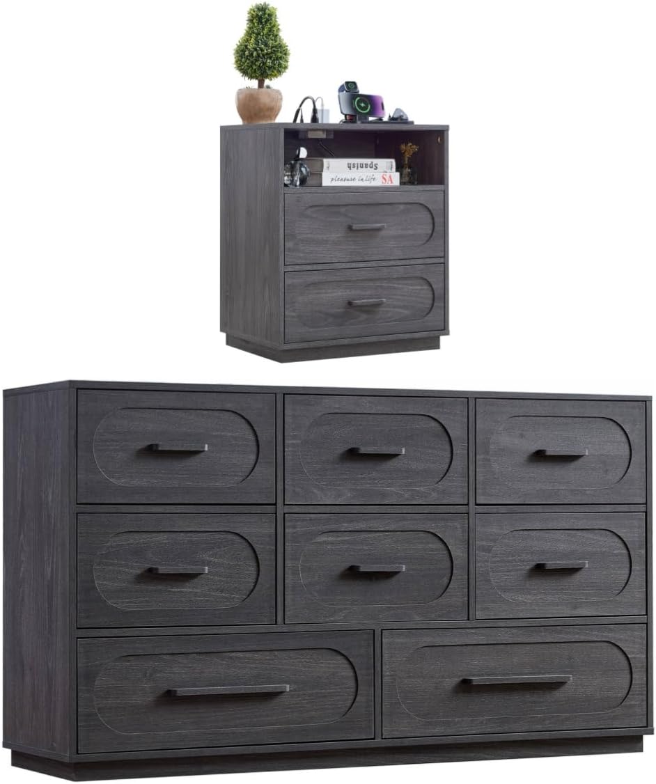 2 Pieces Bedroom Set, Modern 8 Drawer Dresser and 2 Drawer Nightstand with Open Shelf, Wood Chest of Drawers Storage Cabinet Set for Bedroom, Living Room, Gray
