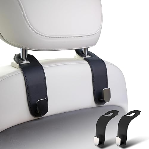 Car Headrest Hook, 2 Pack Leather Car Seat Hooks for Purses and Bags, Car Organization Accessories (Black)