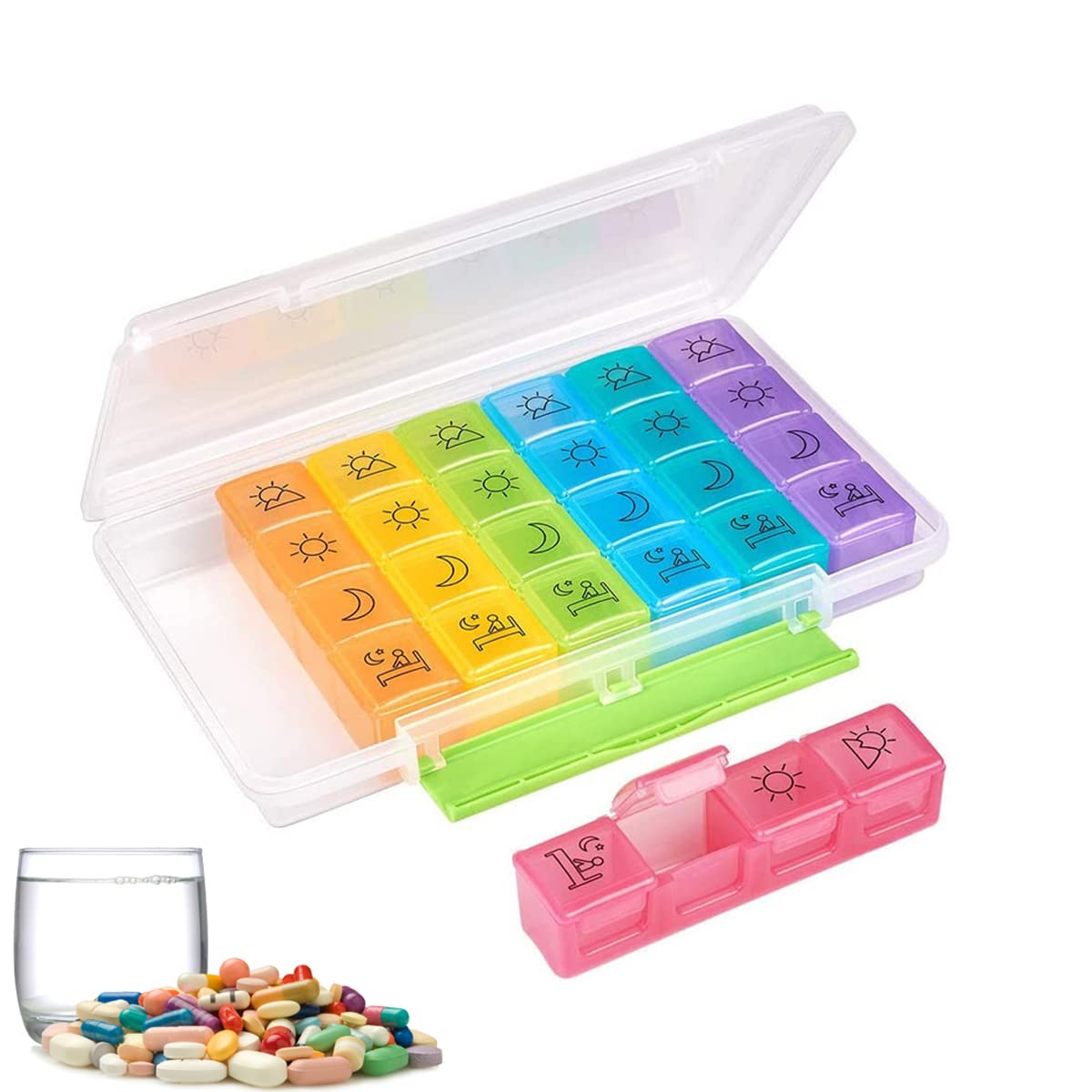 Pilulier hebdomadaire 7 jours 4 fois par jour, pilulier portable de voyage, conteneurs de rangement hermétiques pour médicaments, vitamines, huile de poisson et compléments, ouverture facile