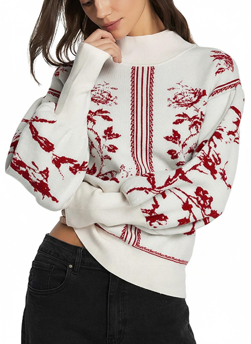 Womens Turtleneck Sweater Print Long Lantern Sleeve Fall Fashion 2025 Trendy Knit Pullover Tops