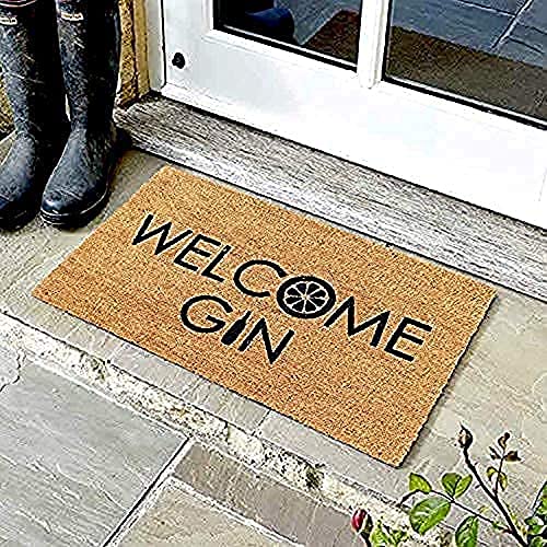 Image of Onlymat inchWelcome Gin Printed Doormat, Anti-Slip Coir with PVC Backing (75x45cm), Black /Brown - Rectangular Rug for Entryway, Outdoor, Home, Door, Floor, Hall & Living Room Use