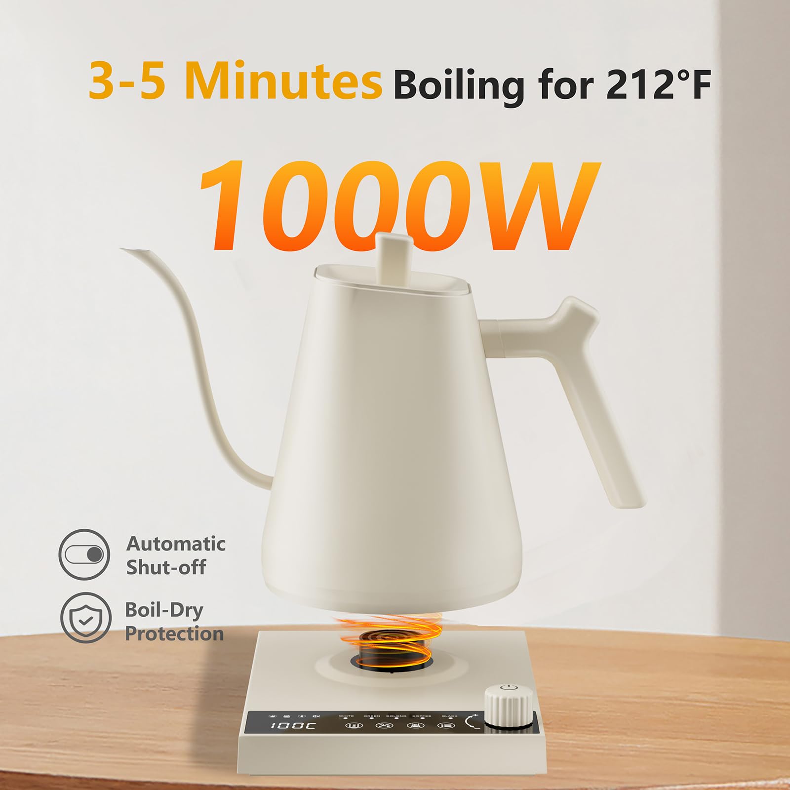 OKYUK Hervidor eléctrico con control de temperatura de ± 1.0 °C, boquilla de cuello de cisne, tetera de acero inoxidable para té, café y aeropress, retención de temperatura de 2 horas, cronómetro