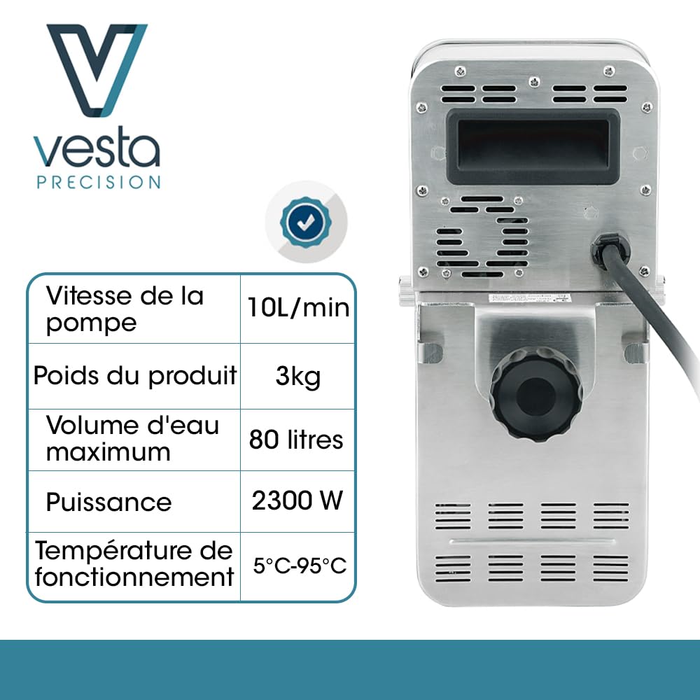 Vesta Precision Cuiseur Sous Vide Professionnel SV330 | Application de Contrôle Wi-Fi incluse | Débit de la Pompe 10 L/min, Jusqu'à 80 litres, Dimensions 15,5 x 17,4 x 31,9 cm