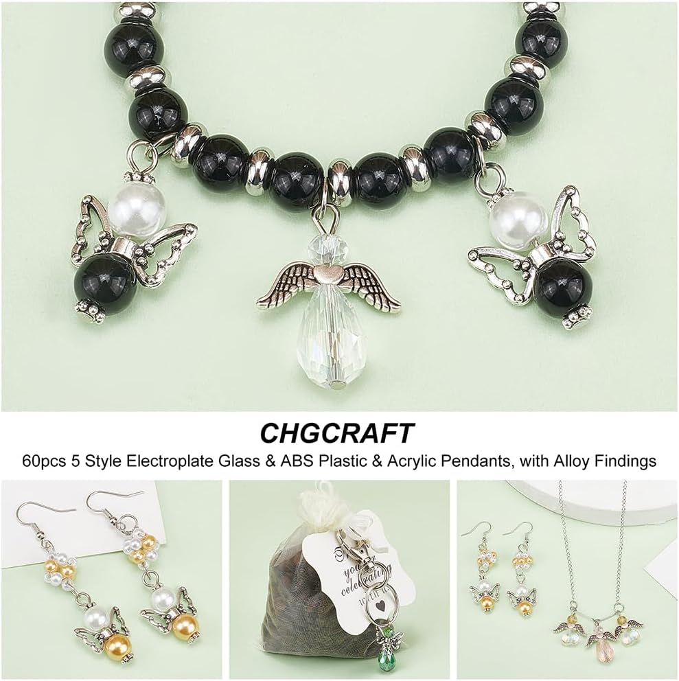 CHGCRAFT 60pcs 5 Style Angel Wing Charm Crystal Dangle Charms Pendants Pearl Beads Glass Drop Beads with Silver Alloy Bead Cap for Necklace Bracelet Earring Keychain DIY Craft Jewelry Making - Image 4