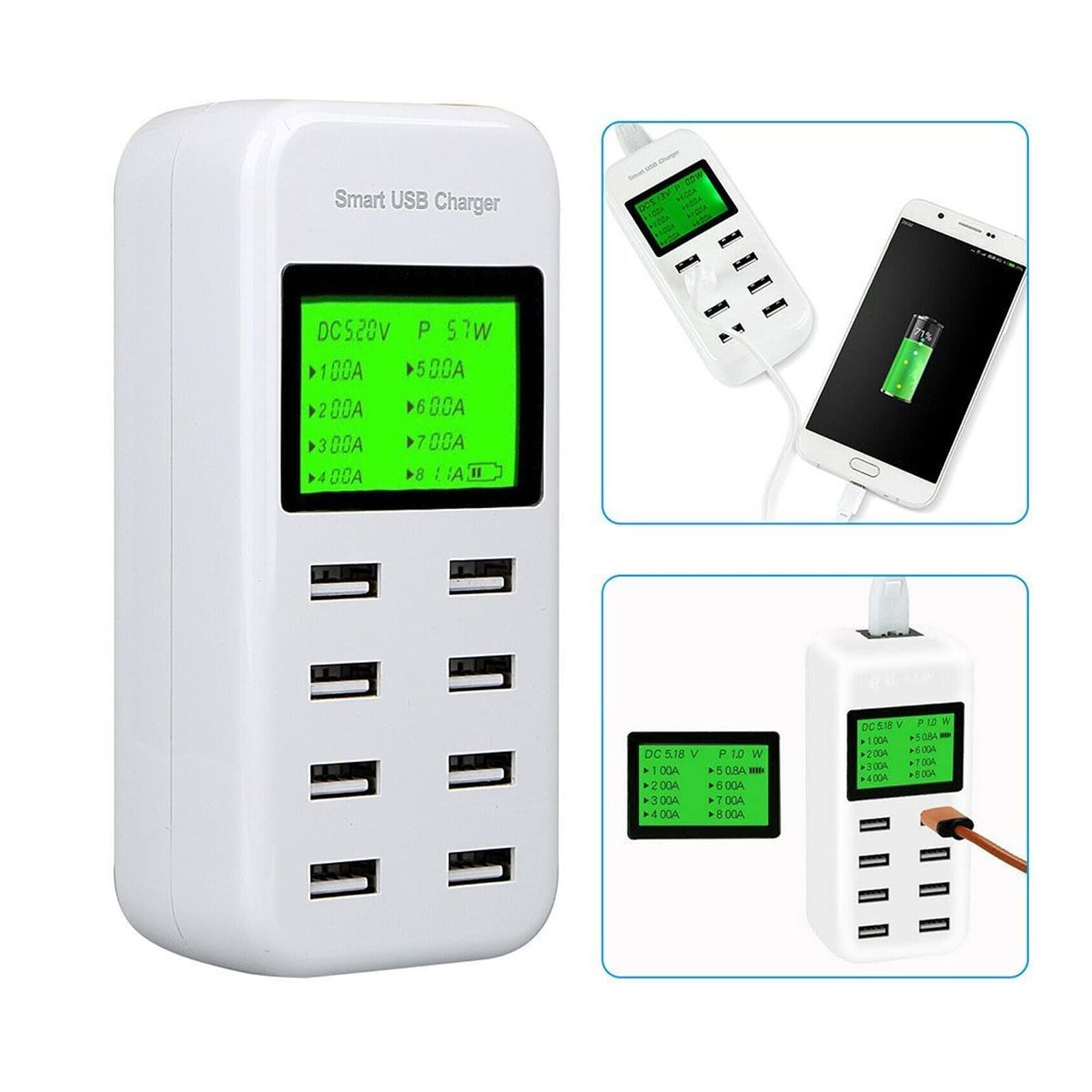 Chargeur USB, Smart Multi USB AC Hub LCD Affichage 8 ports USB Chargeur mural Adaptateur secteur Station de charge murale
