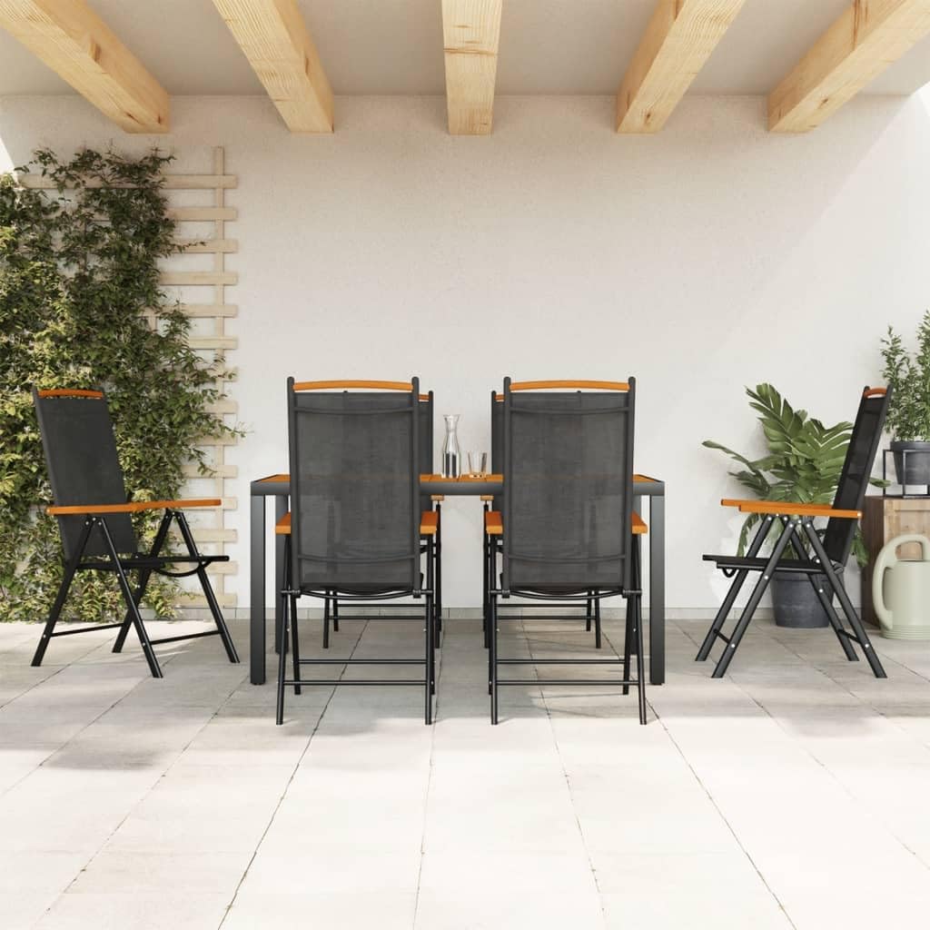 Tavolo da pranzo da giardino in alluminio e WPC, 6 sedie pieghevoli regolabili in textilene, resistente alle intemperie, per terrazza e balcone