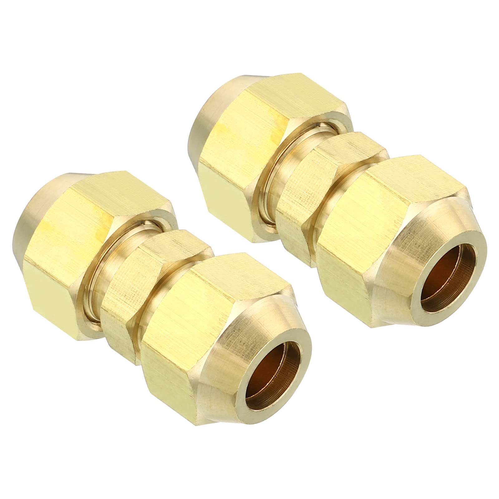 PATIKIL3/8" OD Brass Flare Union Connector, 2 Set Air Conditioning Copper Double Pipe Extension Joint Connectors Pipe Hose Fitting with Nut, 1.37 x 0.63inch