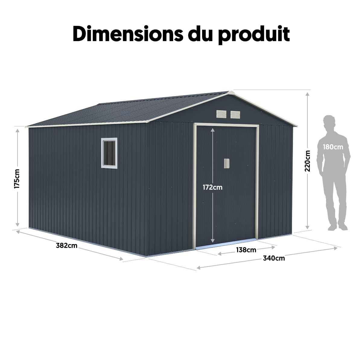 Abri de Jardin en Acier Galvanisé 13m² | Anthracite avec Kit d'ancrage | Hautes Parois 175cm, Fenêtre latérale | Abri à Outils Abri de Rangement Extérieur