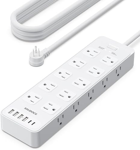 Regleta protectora contra sobretensiones de enchufe plano con 20 salidas de CA, 6 puertos USB, 1875 W15 A, 2700 J, cable de extensión resistente de