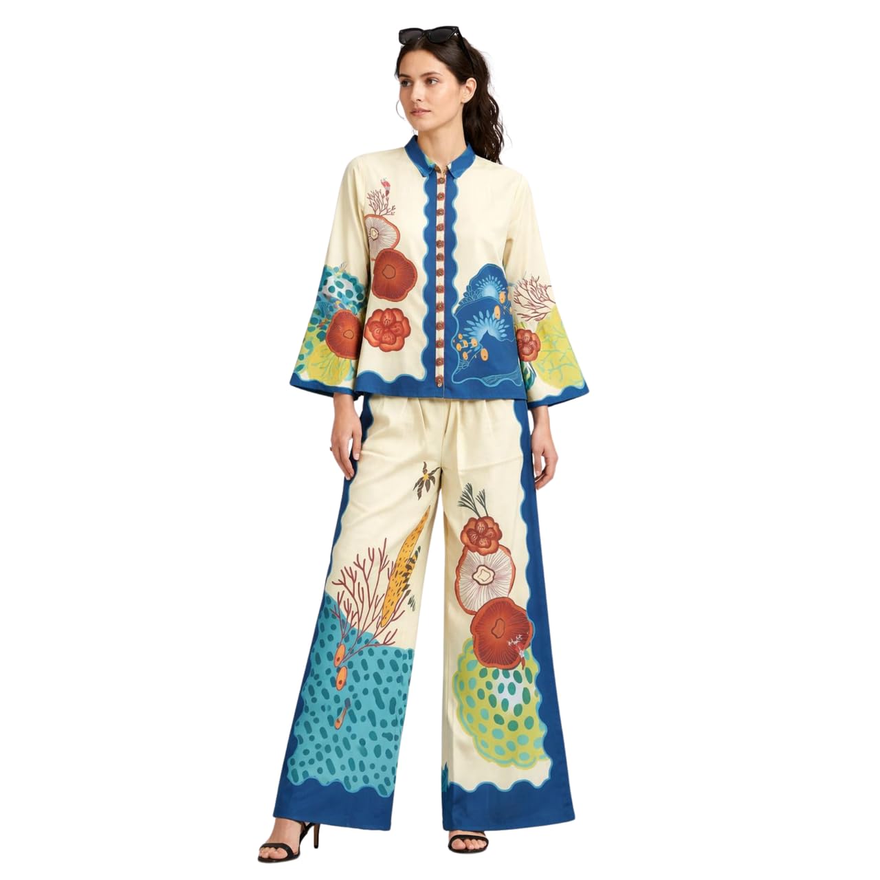 Women's Cotton Blend Collared Co-Ord Set with Palazzo Pants | Beige-picture-46