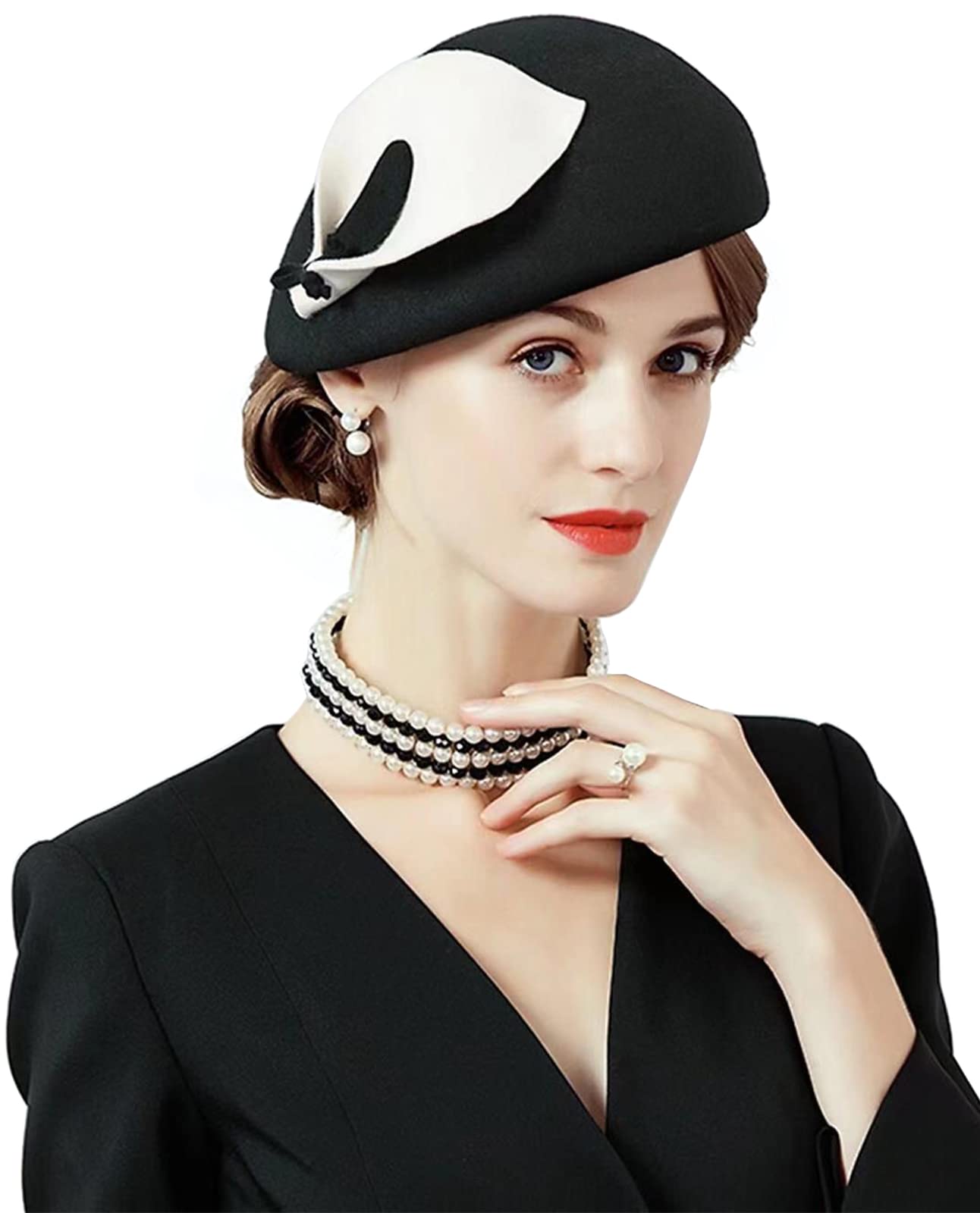 ORIDOOR Women Vintage 100% Wool Felt Flowers Bucket Cloche Bowler Hat Church Wedding Beret Hat, F01-black&white, One Size