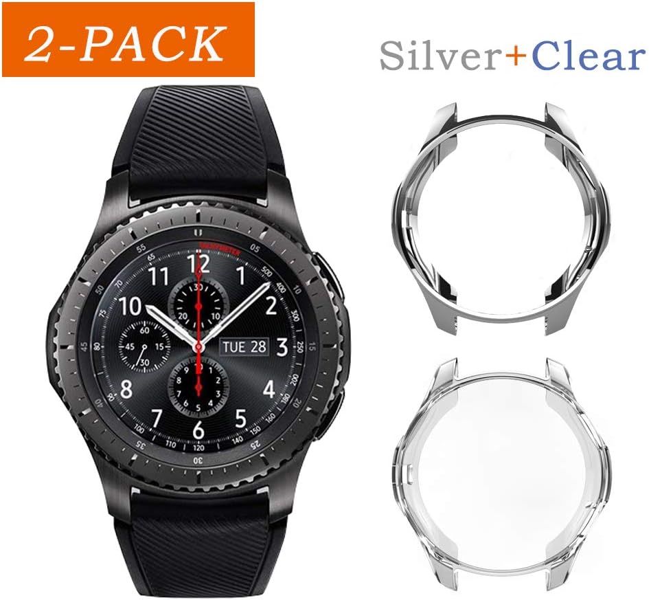 [2 Pack] Uborui for Samsung Galaxy Watch 42mm Case Cover,TPU Scractch-Resist Frame Protective Cover Shell for Samsung Galaxy 42mm Smartwatch 2018,Silver+Clear