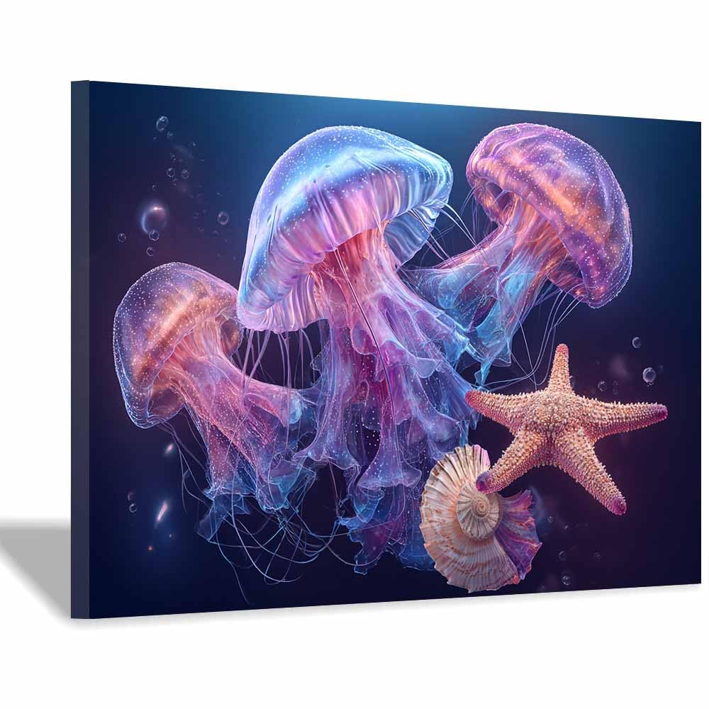 HUYEEI marine animals Canvas Wall Art School of Jellyfishs Canvas Prints Posters Modern Artwork for Livings Room Bedroom Bathroom Home Office(pink)-60x80cm Framed