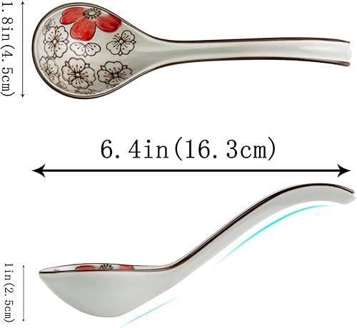 Miniatura 7 de Cucharas de sopa de cerámica asiáticas japonesas  Cucharas de sopa con mango largo curvado para fideos ramen, bola de masa hervida, arroz (4 piezas)