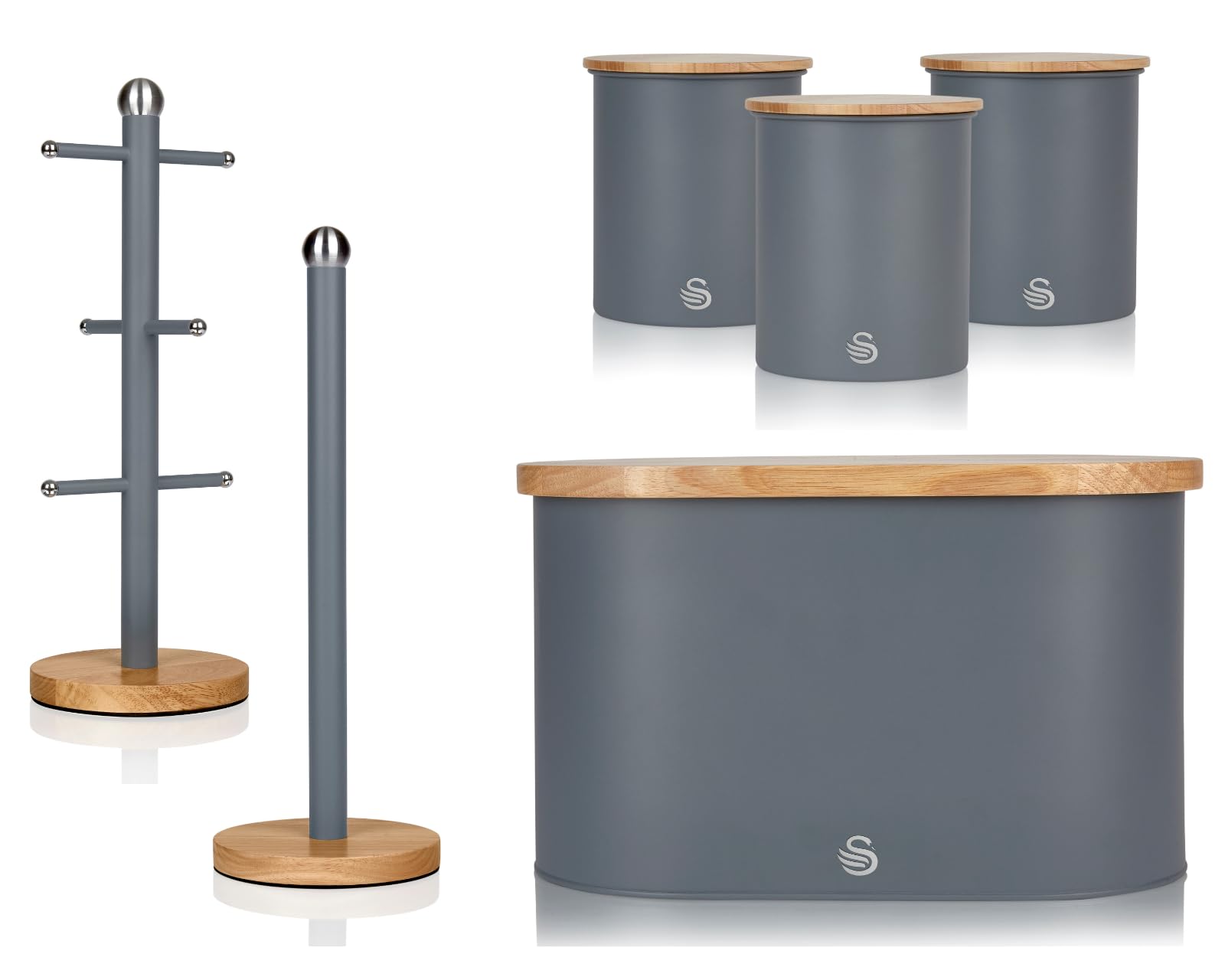 Swan (Grey) Nordic Set Mug Tree, Towel Pole, Bread Bin & 3 Canisters Grey