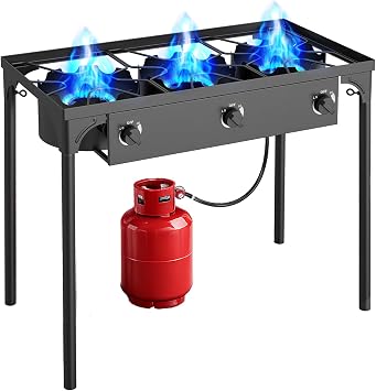 3 Burner Propane Stove, 225,000BTU Outdoor Gas Stove with 0-20 PSI Adjustable Regulator and 4ft Hose, Propane Burners for Outdoor Cooking Patio Backyard Camping with Detachable Stand Legs
