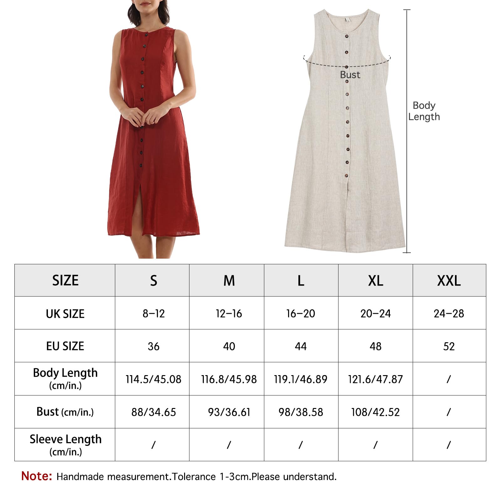 Amazhiyu Abito da donna 100% lino, maxi abito senza maniche girocollo con bottoni