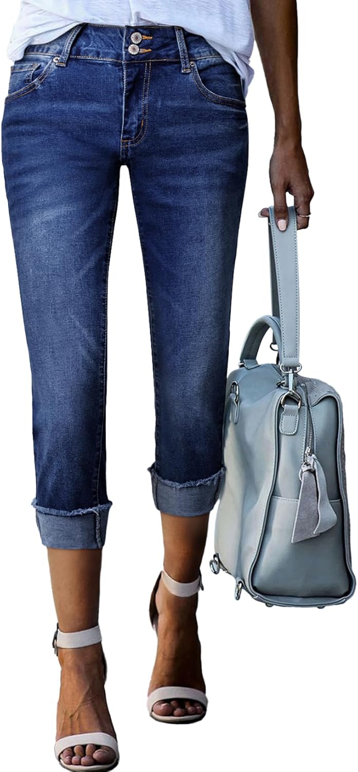 Sidefeel Women's Capri Jeans High Waisted Stretchy Roll-up Skinny Cuffed Cropped Zimbaplatinum Summer Capri Pants