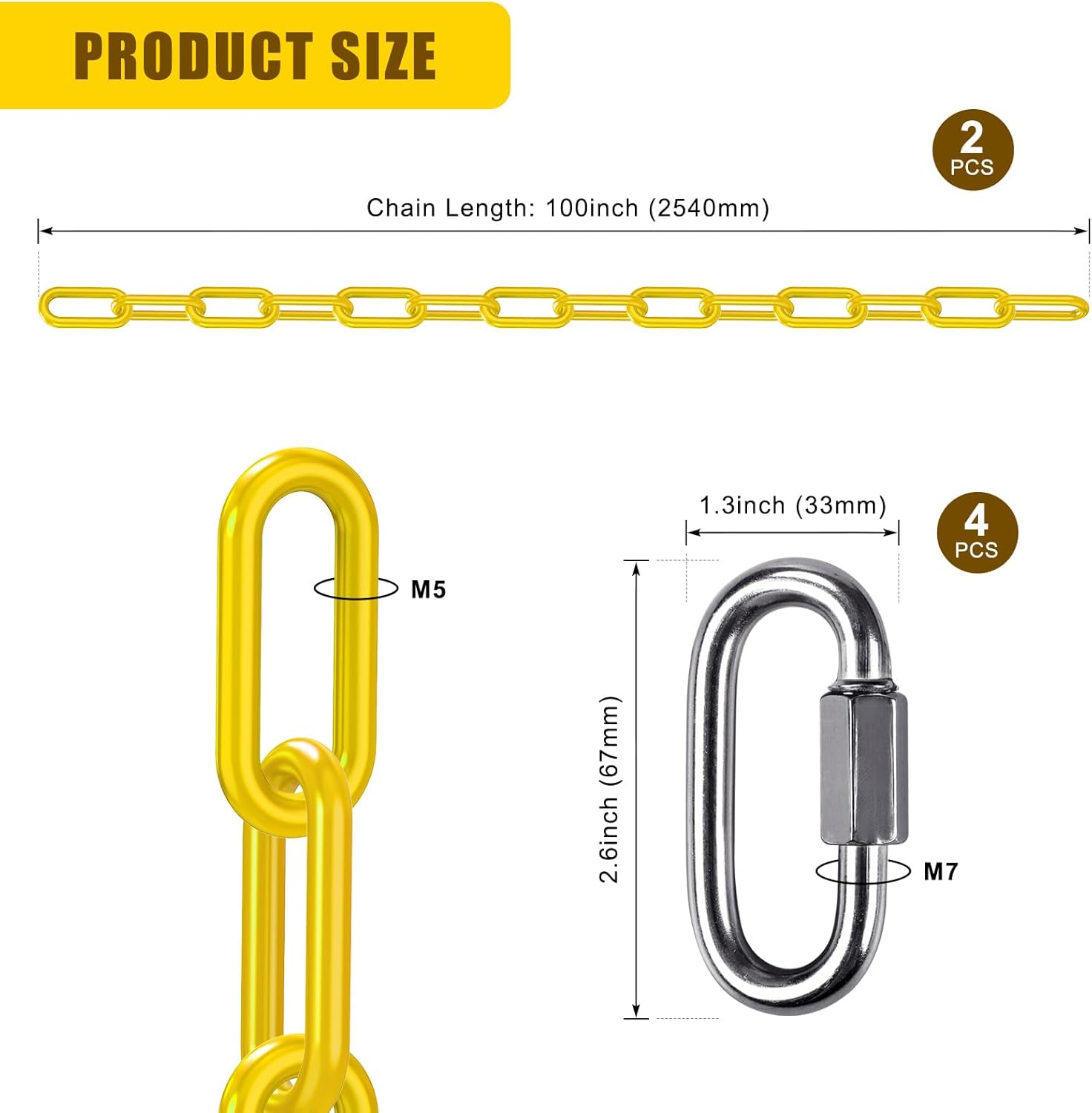 BeneLabel 2Pcs 100" Coated Swing Chain with Carabiners 1000 LBs Capacity Heavy Duty Hanging Chains Porch Swing Chains with Hooks Yellow Chain for Hammock Chairs, Tree Swing, Hanging Chair, Heavy Bags