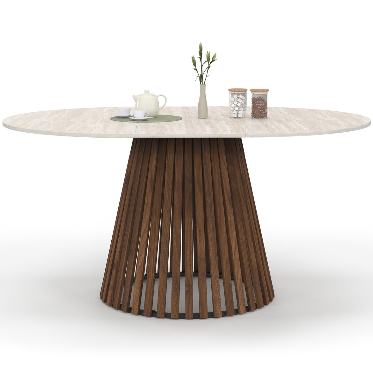 IDMarket - Esstisch, ausziehbar, rund, Carmen, 4-8 Personen, Fuß aus Nussbaum, Latten, Platte mit Travertin-Effekt, 110 – 150 cm