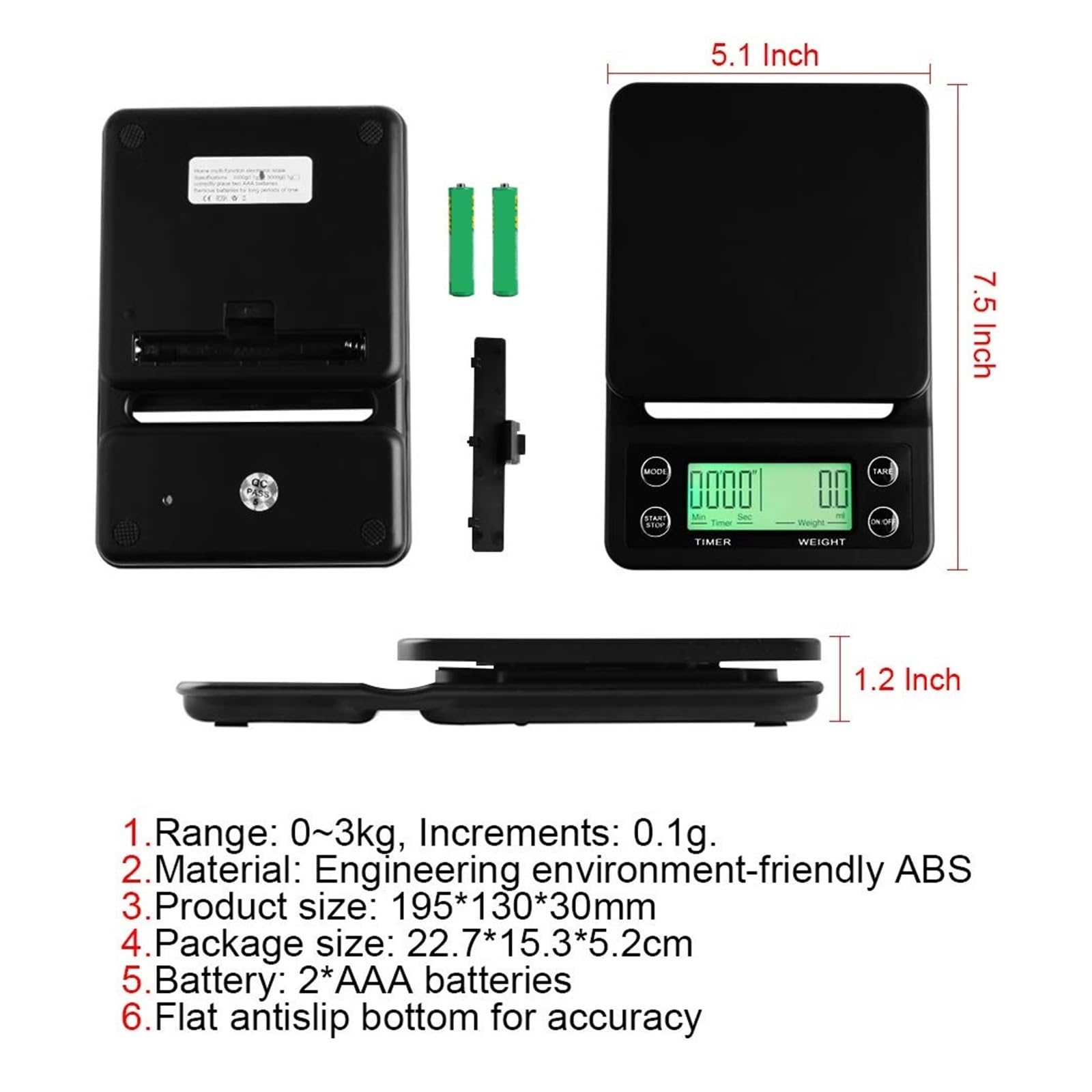 Digitale Küchenwaage, 3 Kg, 5, 0,1 G Kaffee Mit Einem Gewicht Von Tropfkaffee, Timer, Präzisions-LCD-Waage Genaue Messung(Red,3Kg)