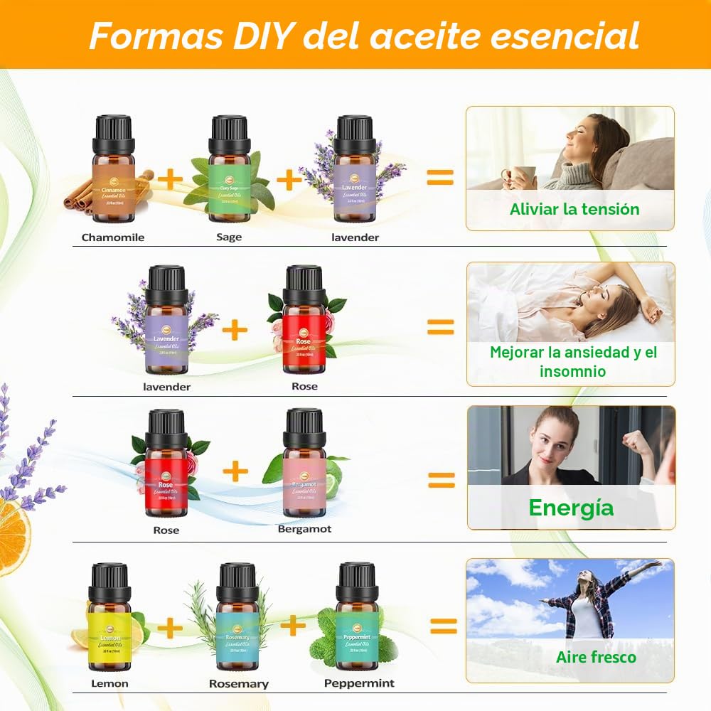 Set de Aceites Esenciales para Humidificador 18 x 10ml,óleo Essencial Lavanda Ylang-Ylang Árbol del Té Eucalipto Incienso Lemongrass Romero Naranja Menta Limón Bergamota Pomelo Manzanilla Rosa