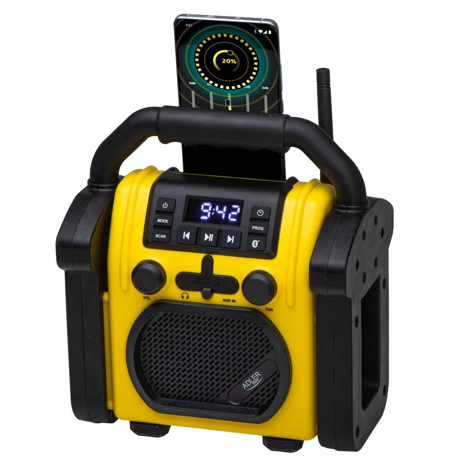 Adler AD 1911 - Radio para Obras con Bluetooth V 5.1, Dual Power (batería y Red) IPX54 Protección contra el Polvo y el Agua, AUX y Conector para Auriculares, diseño Robusto, 10 W, Amarillo/Negro