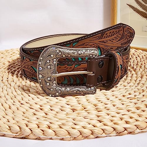 Women's Western Cowboy Belt Floral Embossed Pattern PU-Leather Belt Vintage Cowgirl Belt for Jeans Pants Dresses 5