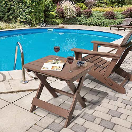 Torva Outdoor Adirondack Foldable Side Table,Patio End Table For Poolside Garden, Weather Resistant Coffee Table -Plastic High-Density Pe（Brown Color-Floldable #TOP1