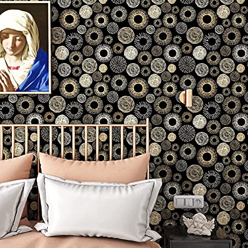 Rewallpaper Modern Circle Black And Gold Wallpaper Peel And Stick Contact Paper Boho Printed Peel & Stick Wall Paper Roll 17.5In X 10Ft Removable Stick On Wallpaper For Bathroom Living Room Decor #TOP1