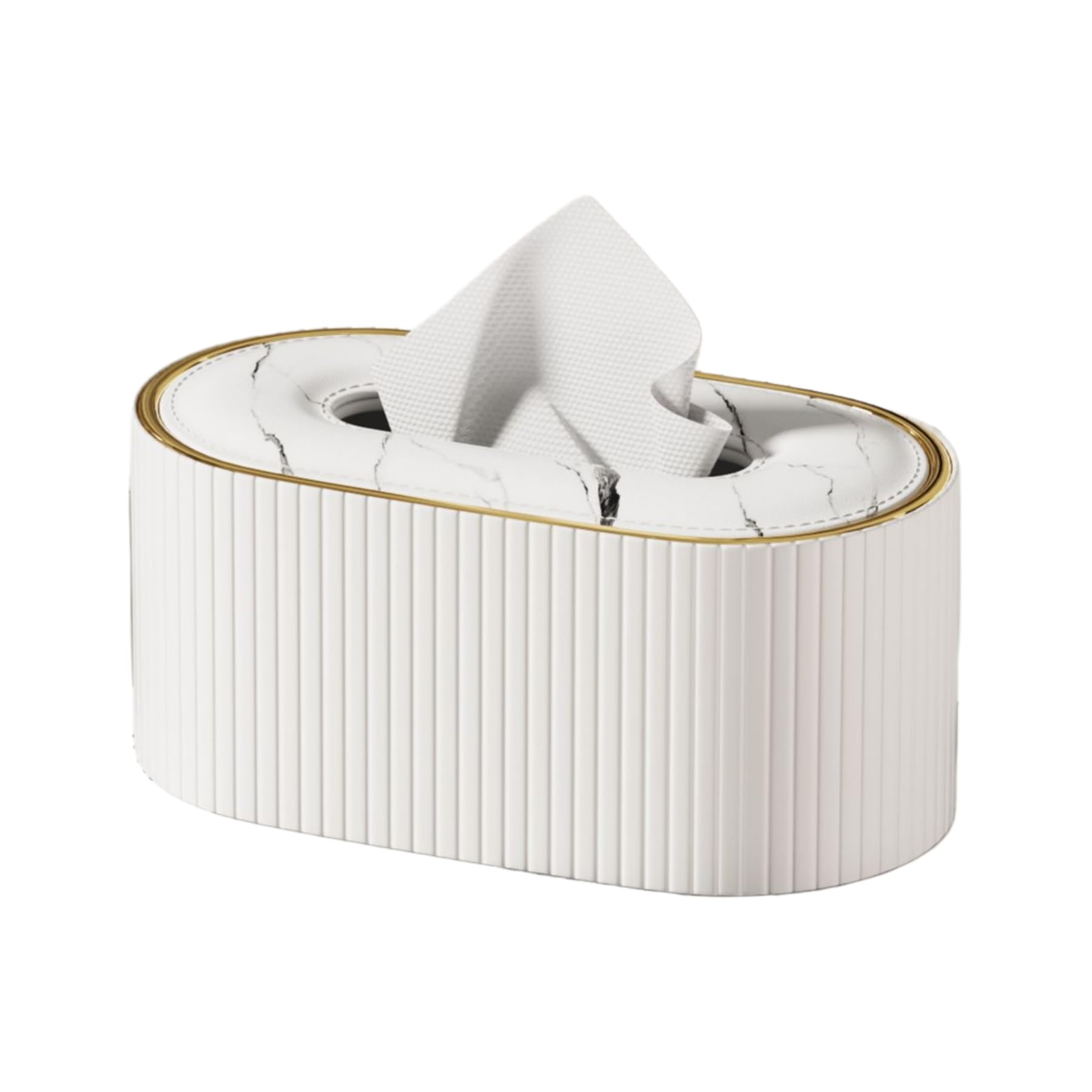 Oval PU Leather Tissue Box Cover, Flocked Lining, 4 Colors, for Standard Rectangular Tissues - White Vertical Stripes with Marble Pattern