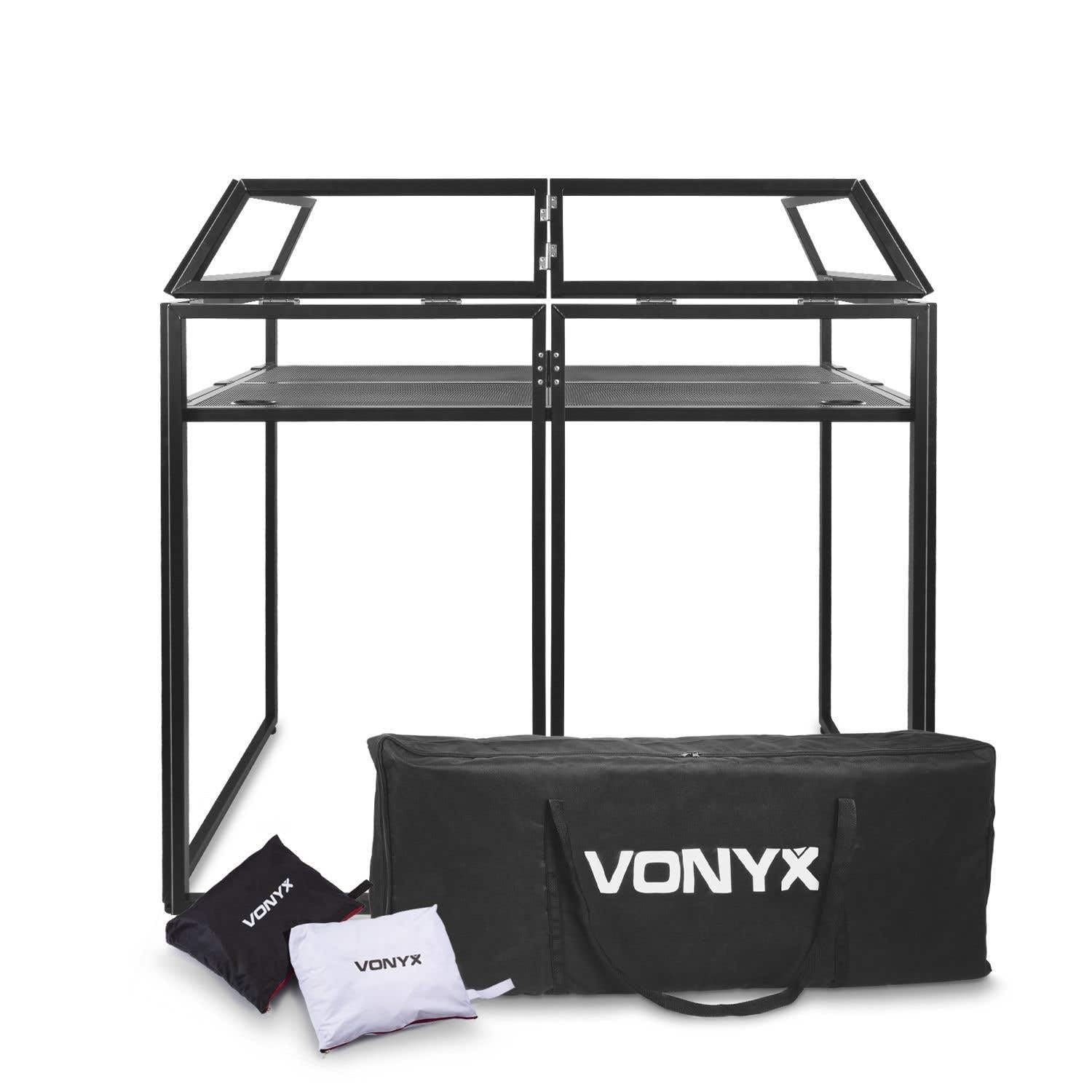 Vonyx DB3 DJ Pult, großer mobiler DJ Tisch klappbar, 146 x 73 x 132 cm, inklusive Tragetasche und weißer und schwarzer Husse DJ Booth, faltbar DJ Equipment, DJ Table, DJ Stand mit Husse