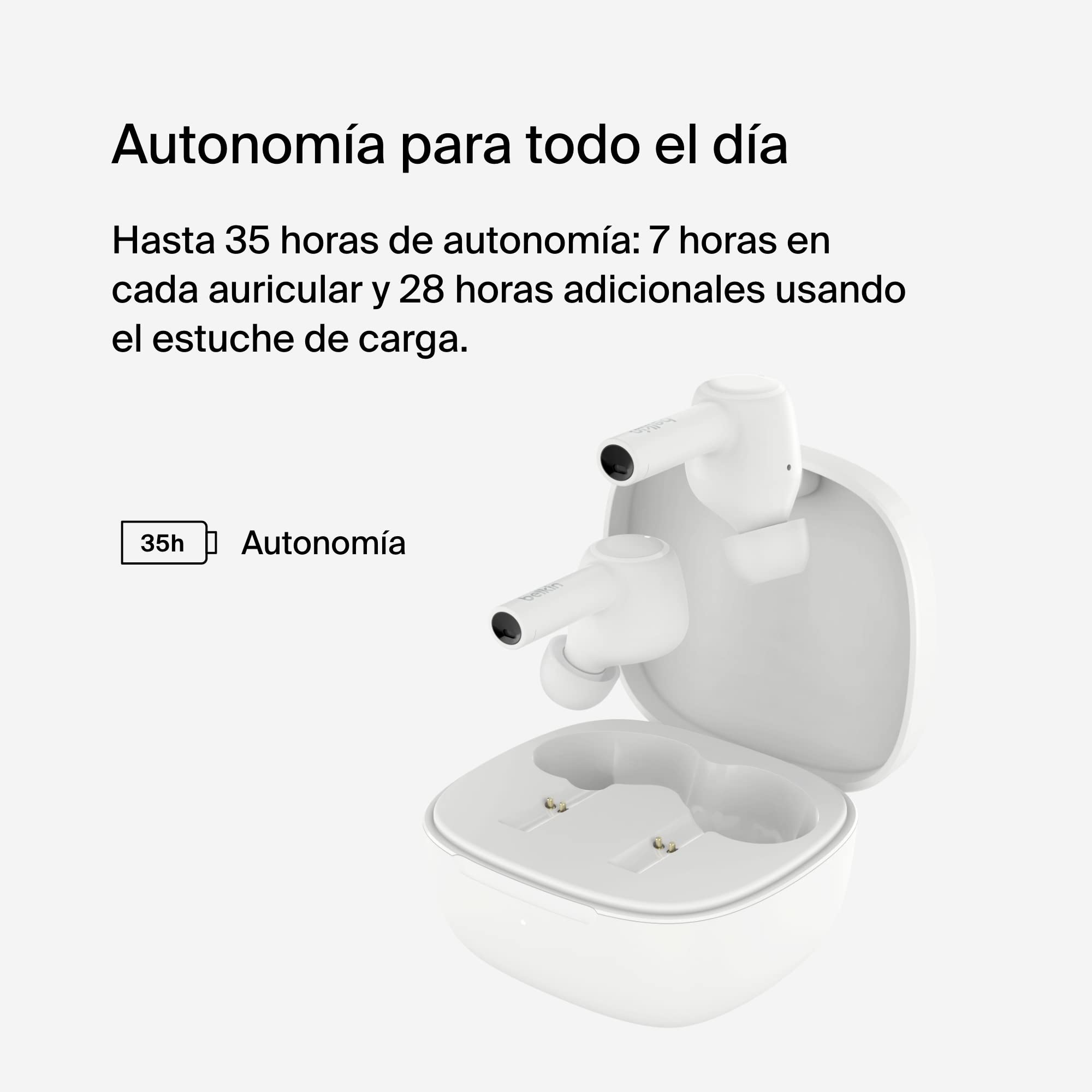 Belkin auriculares con cancelación del ruido SoundForm Pulse, estuche de carga inalámbrica y tres micrófonos por auricular, grado IPX5 de resistencia al agua, iPhone y teléfonos de Samsung - negros
