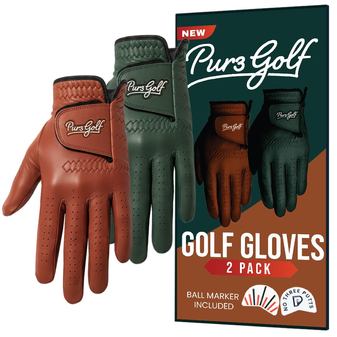 PUR3 Gants de golf en cuir Cabretta pour homme | Lot de 2 collection Heritage (vert et marron) | Gants de golf pour homme main gauche, taille S