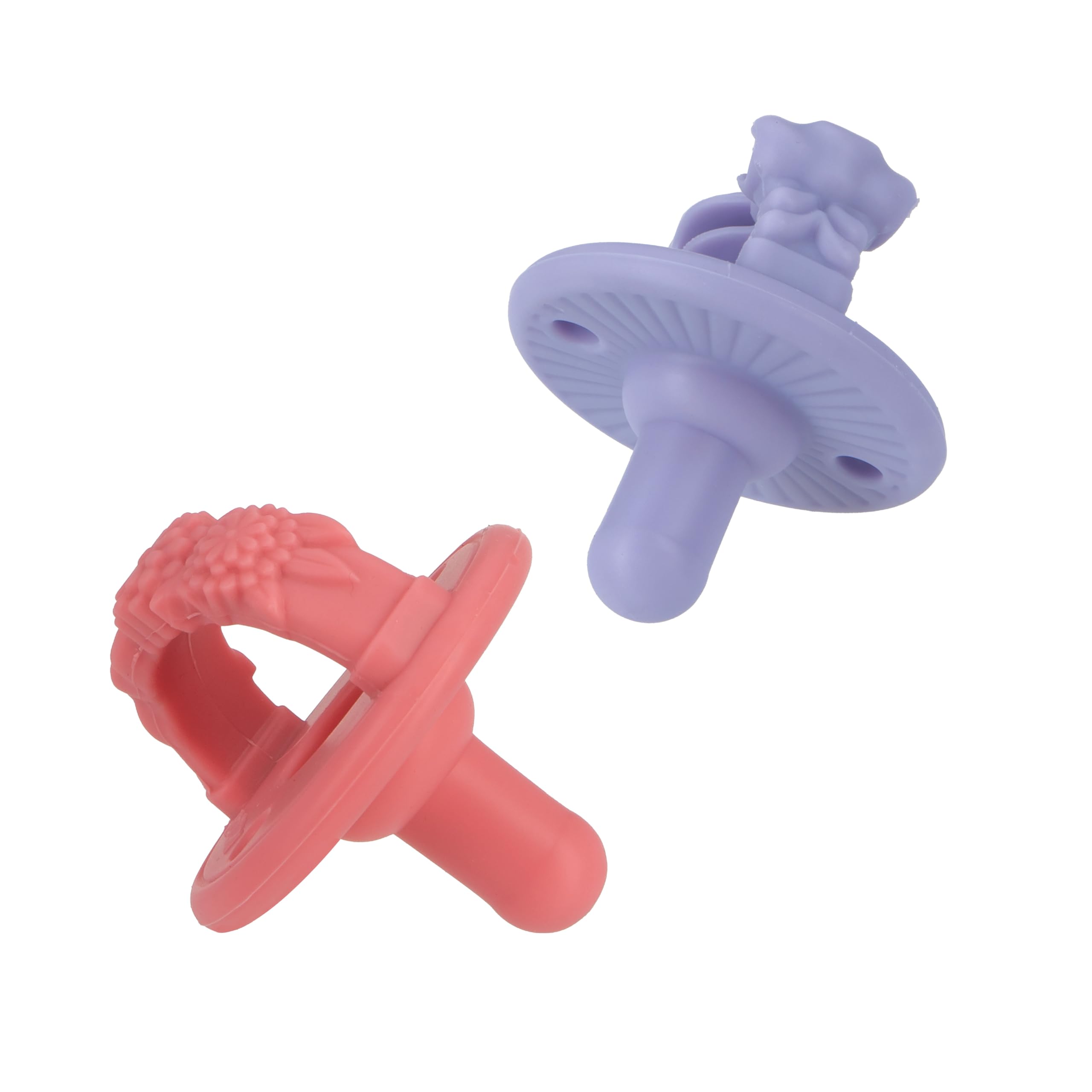 Nuby 3-D Sili Soother Pacifiers with Soft Handle and Two Safety Air Holes, 2 Pack, 0+ Months, Purple Bow and Pink Flowers