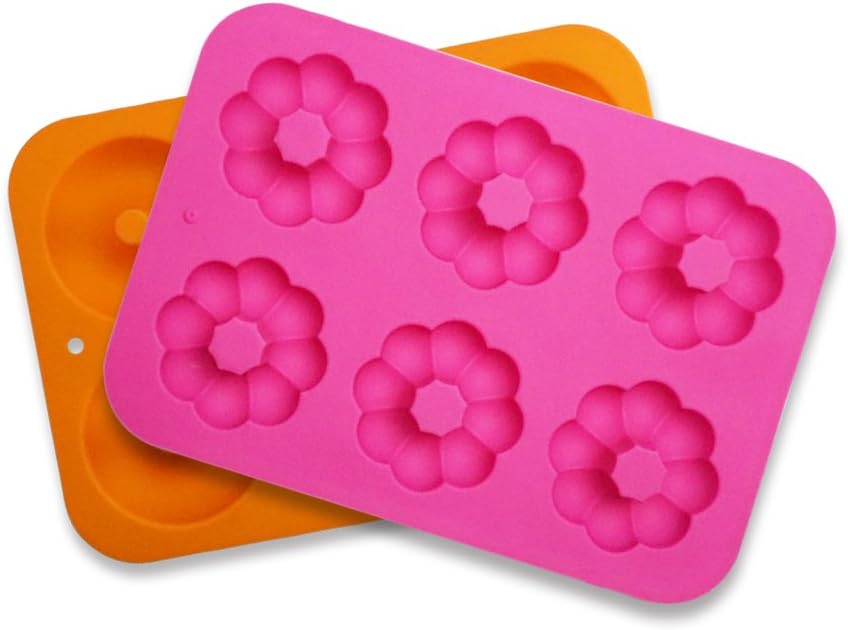 2 Pack Silicone Donut Molds,6-Cavity Non-Stick Donut Pan Tin, Baking Mold Safe in Dishwasher Refrigerator Oven Microwave Freezer (Orange & Rose Flower)