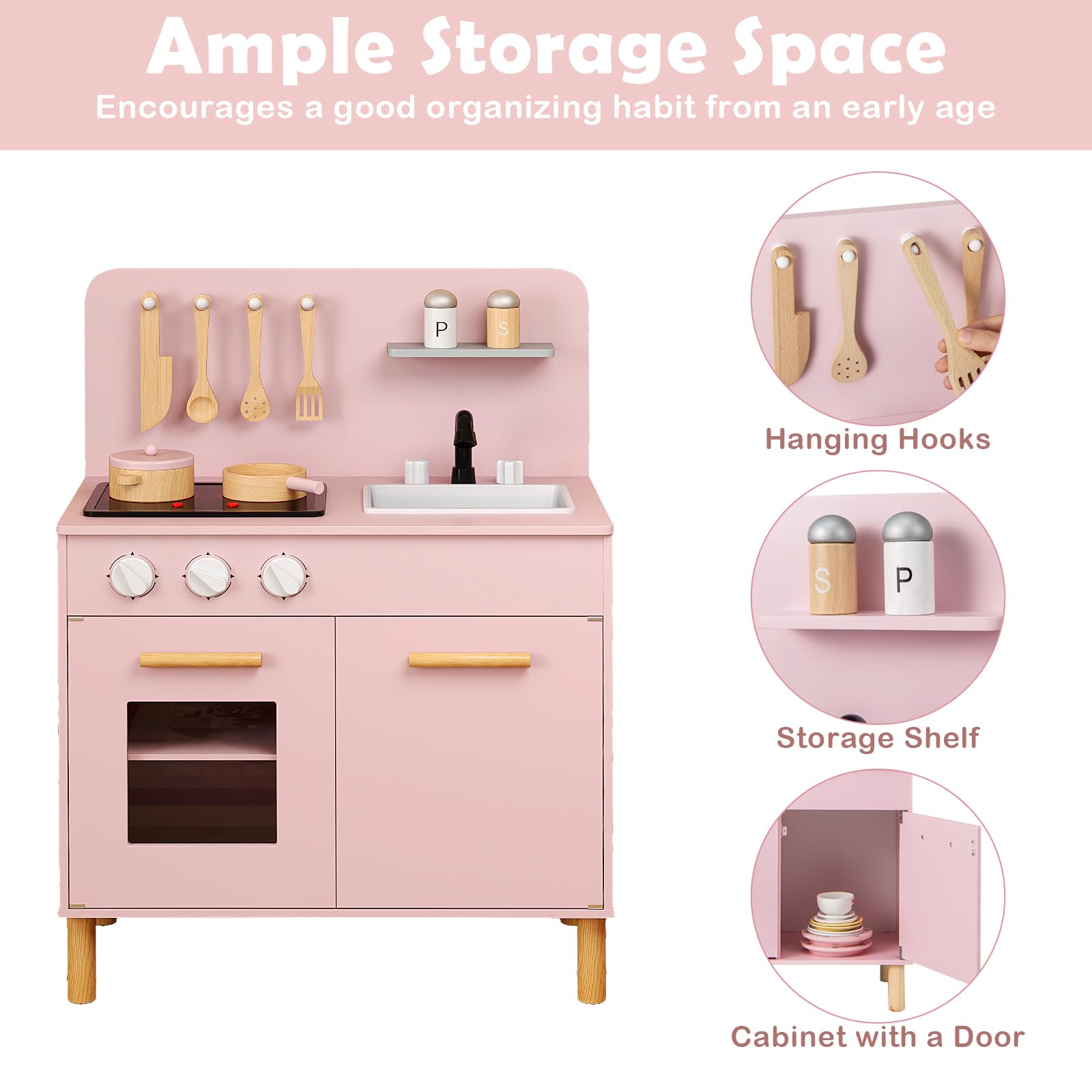 HOMASIS Cuisine pour Enfant en Bois, Ensemble de Cuisine avec Effets de Lumière et de Son Cuisinière, Évier, Étagères de Rangement, Four, Ustensiles pour Enfants de 3 Ans + (Rose)