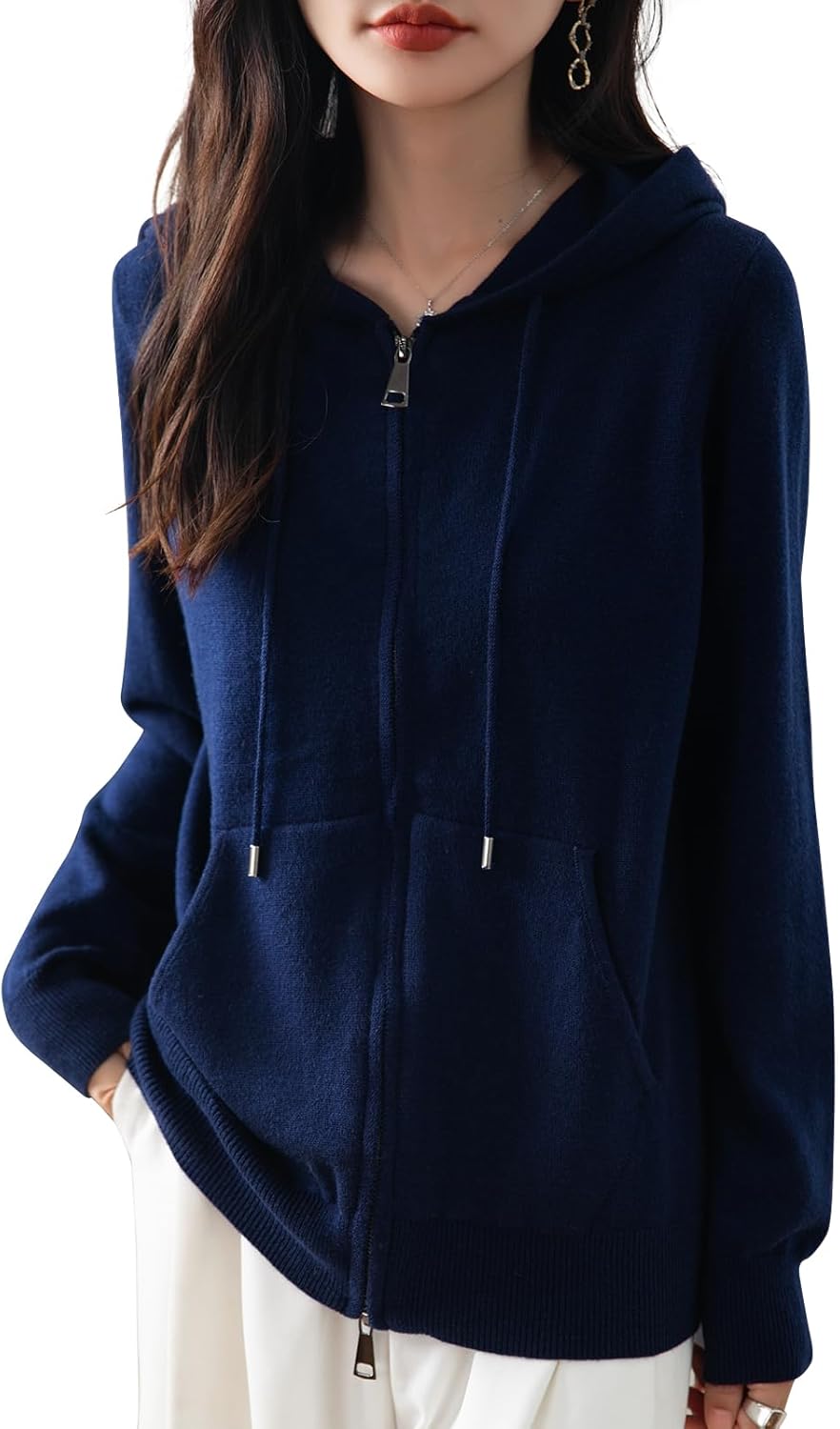 Ciovkis Women's Merino Wool Blend Cardigan 2025 Fall Winter Zipper Sweatshirt Crew Neck Long Sleeve Knit Hooded Cardigan