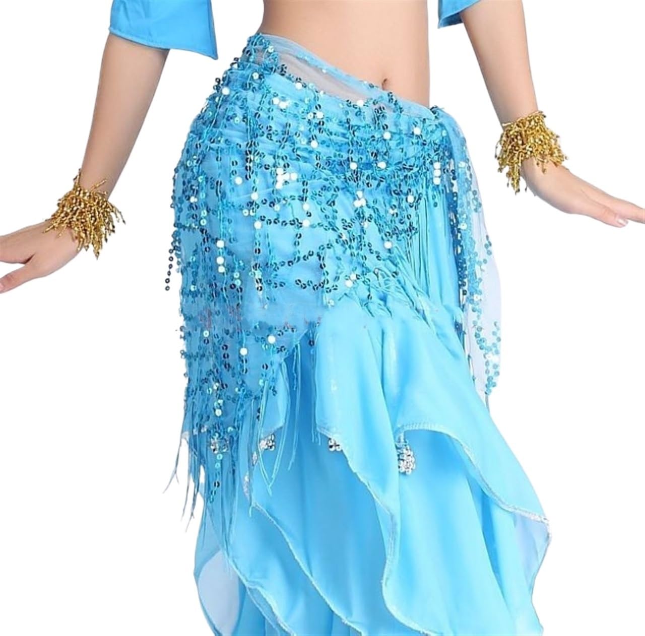 LATEAU Belly Dance Skirt,Sequin Skirt Belly Dance Costumes Sequins Tassel Belly Dance Hip Scarf For Women Belly Dancing Belt(Light blue)