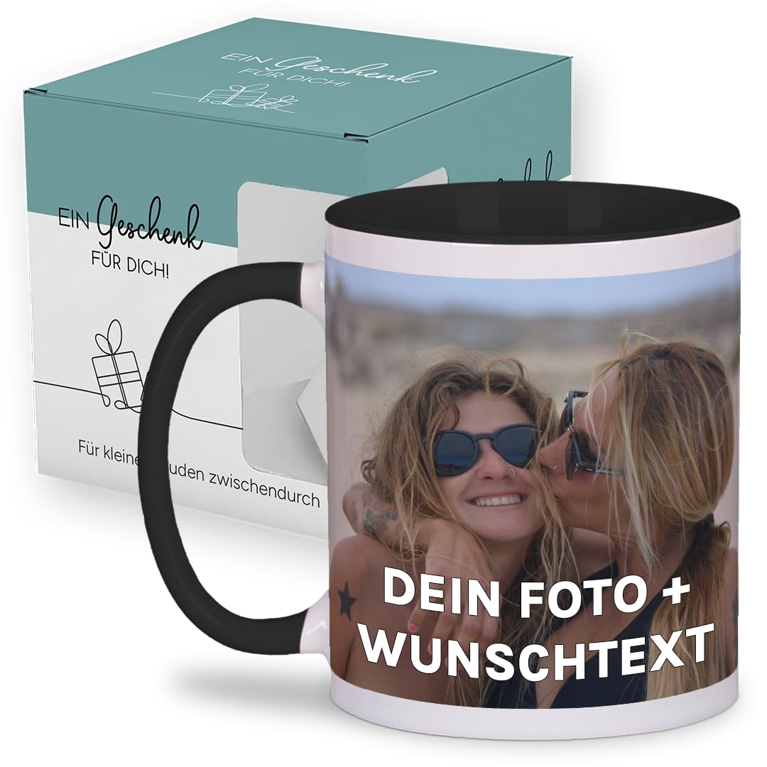 Personalisierte Tasse | personalisiert mit Foto oder Text | Tasse mit Bild | Geschenkidee | Fototasse | Bürotasse oder für Zuhause | Spülmaschinenfest | Schwarz mit Geschenkkarton Geschenk