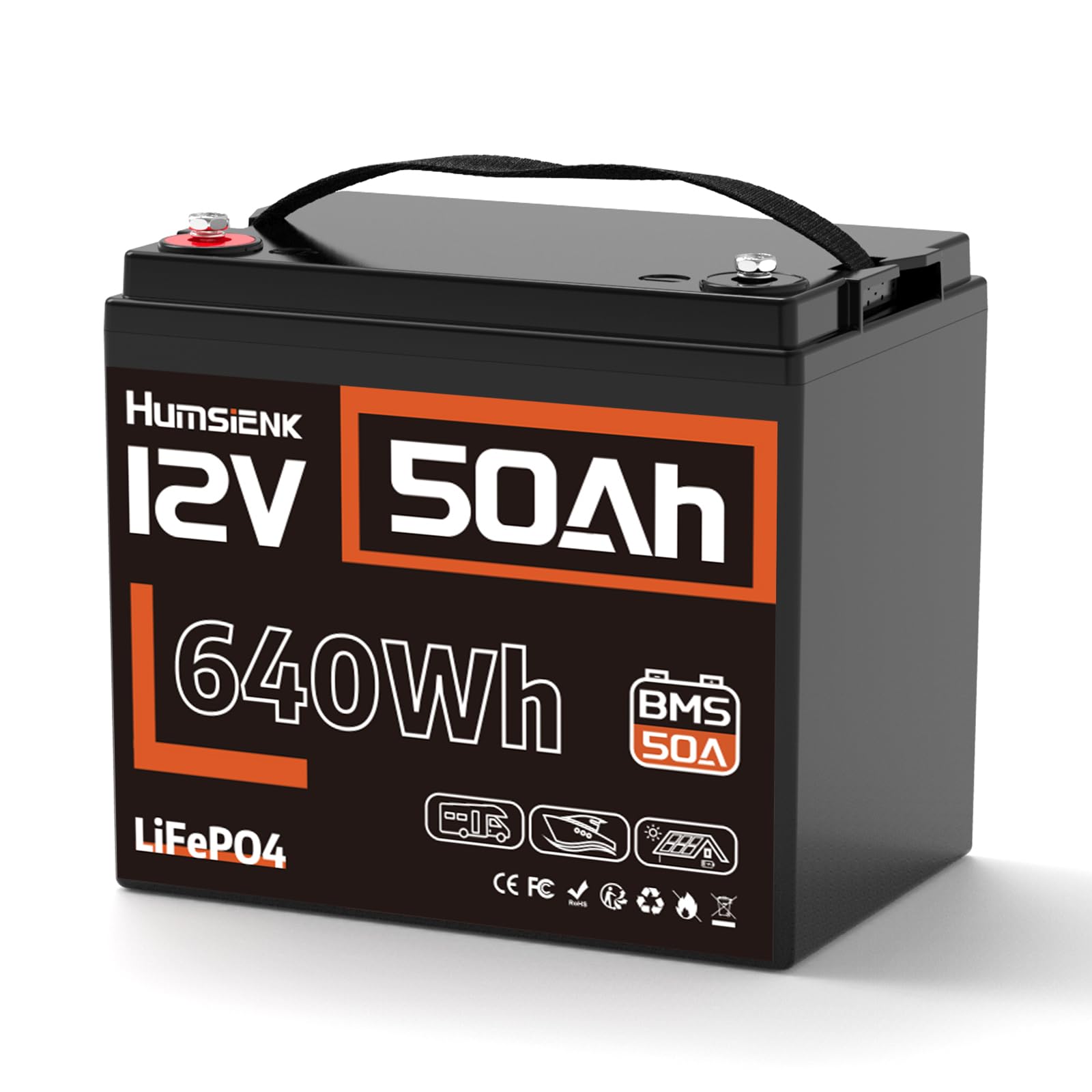 12V 50Ah LiFePO4 Battery, Small Size Lithium Battery with BMS, Low Temp Protection, Rechargeable 6000-15000 Deep Cycles & 10-Year Lifetime, Perfect for RV, Trolling Motor and Off Grid Living