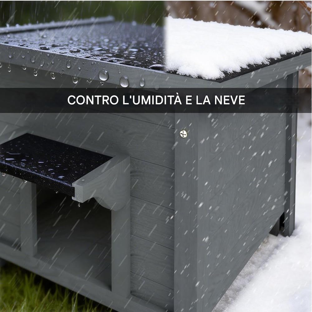 BAKAJI Cuccia per Animali Domestici Grigia in Legno, Casetta per Cani e Gatti con Tetto Apribile, Casa, Esterno Interno Resistente Intemperie e Agli Agenti Atmosferici, Tettoia Asfaltata, 60x58x47cm